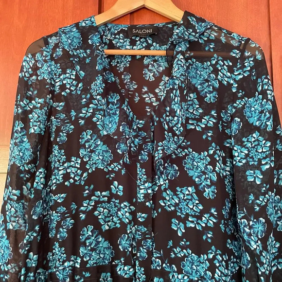 Saloni Izzie Dress Maxi Silk Chiffon Floral Print Semi Sheer Long Sleeve Size 2 - Picture 3 of 15